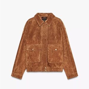 ZARA dark camel Rich brown 100% Suede Bomber Jacket size medium